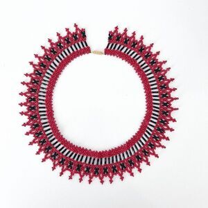 Handmade Womens Ukrainian Geometric Beaded Statement Collar Necklace Red Black